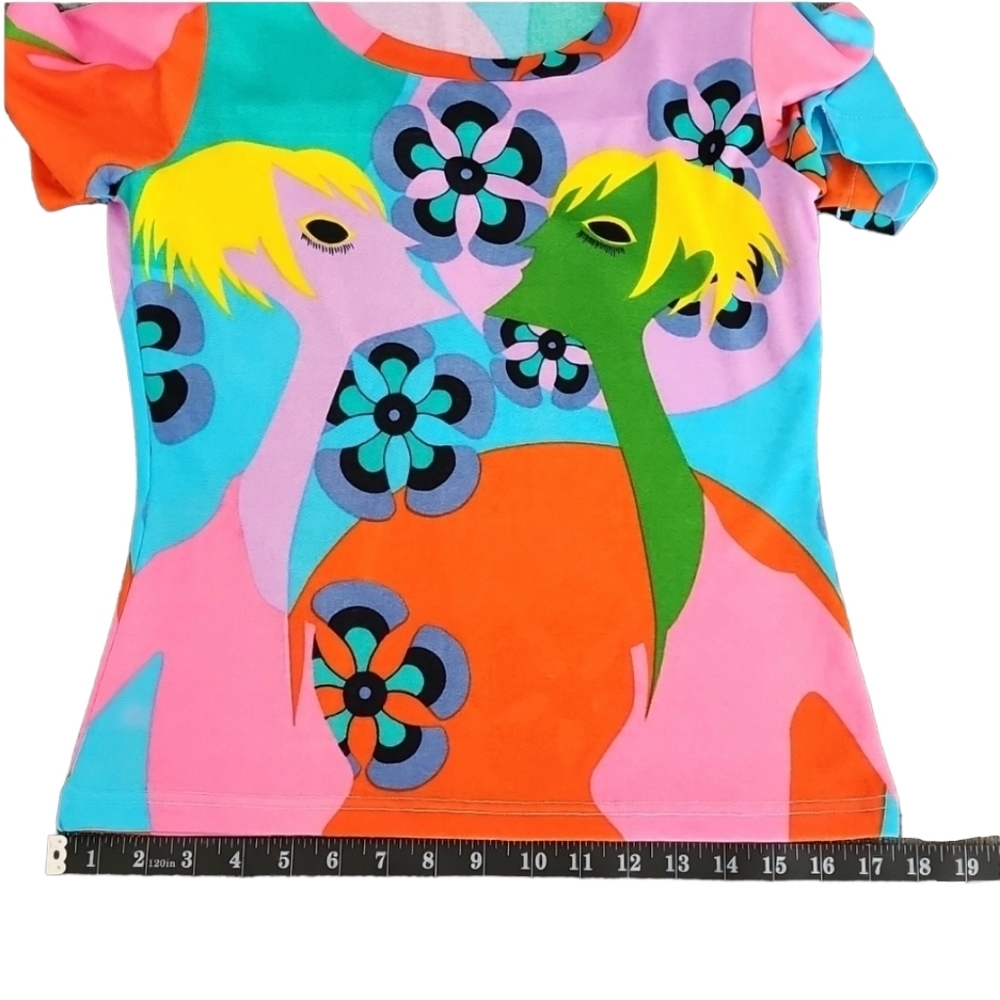 VINTAGE Floral Tee S Italy Paris Punk GoGo Retro Stretch Artsy Graphic - Picture 12 of 14